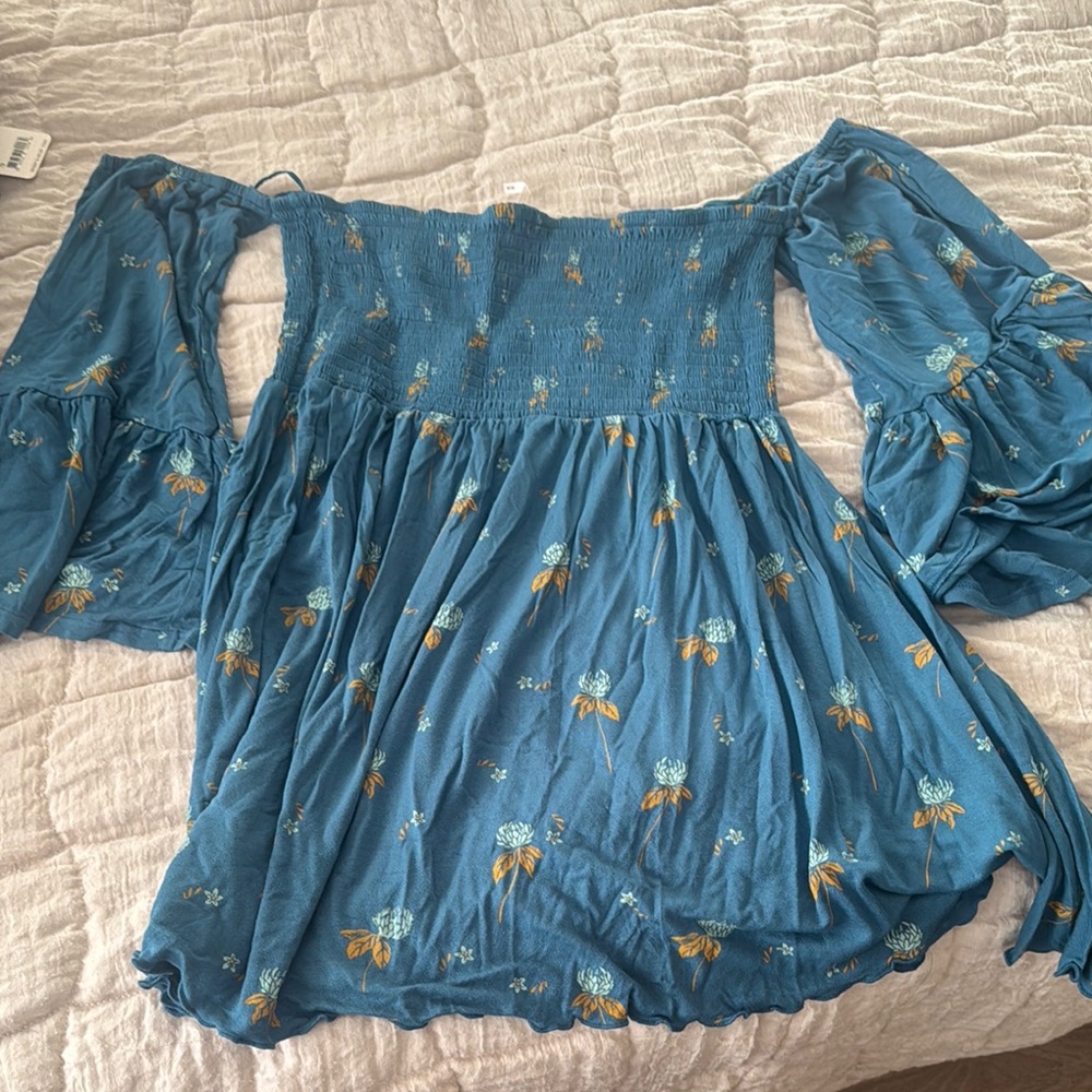 Free People Blue Off-Shoulder Bell Sleeve Blouse